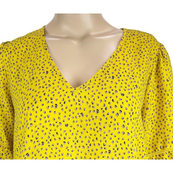 Pleione Anthropologie Yellow Top w/purple Dots LARGE Crochet Trim Ruffle Hem - Picture 2 of 11